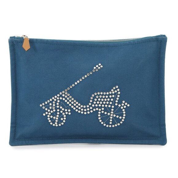 HERMES Velocipedist Pouch Cotton100% Blue - Picture 1 of 13